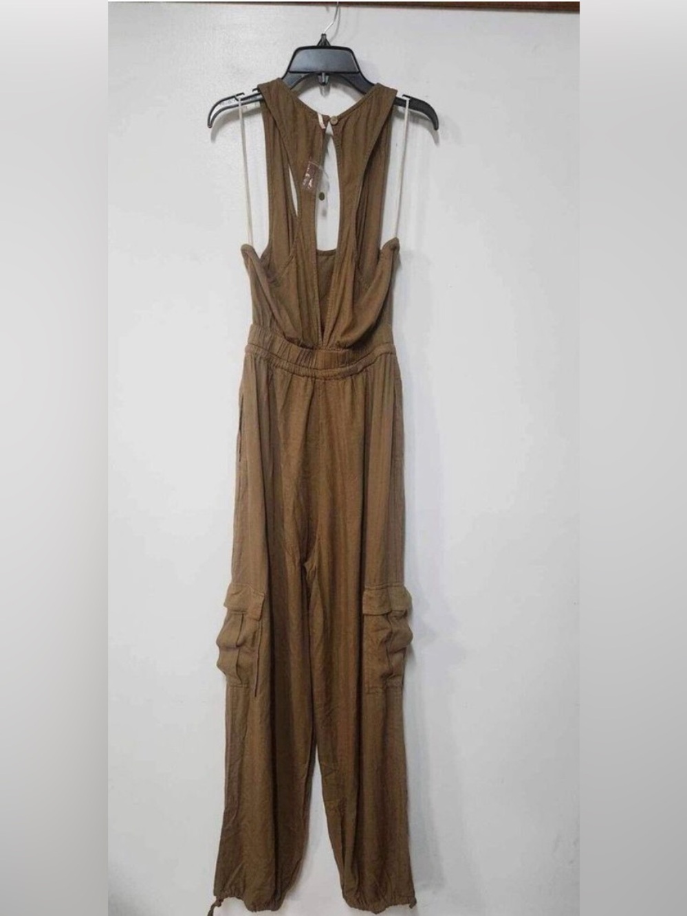 Free People Brown XS linen blend Jumpsuit tie waist long cargo pants - Picture 2 of 6